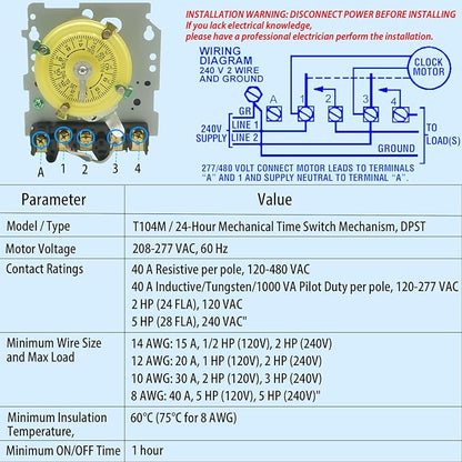 T104M Mechanical Time Switch, 208-277V AC, 5HP DPST, 24-Hour 12 ON/Off - Image 3