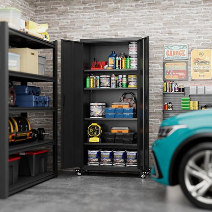Garage Storage Cabinet with Wheels, Metal Storage Cabinet with 4 Adjustable - Image 2