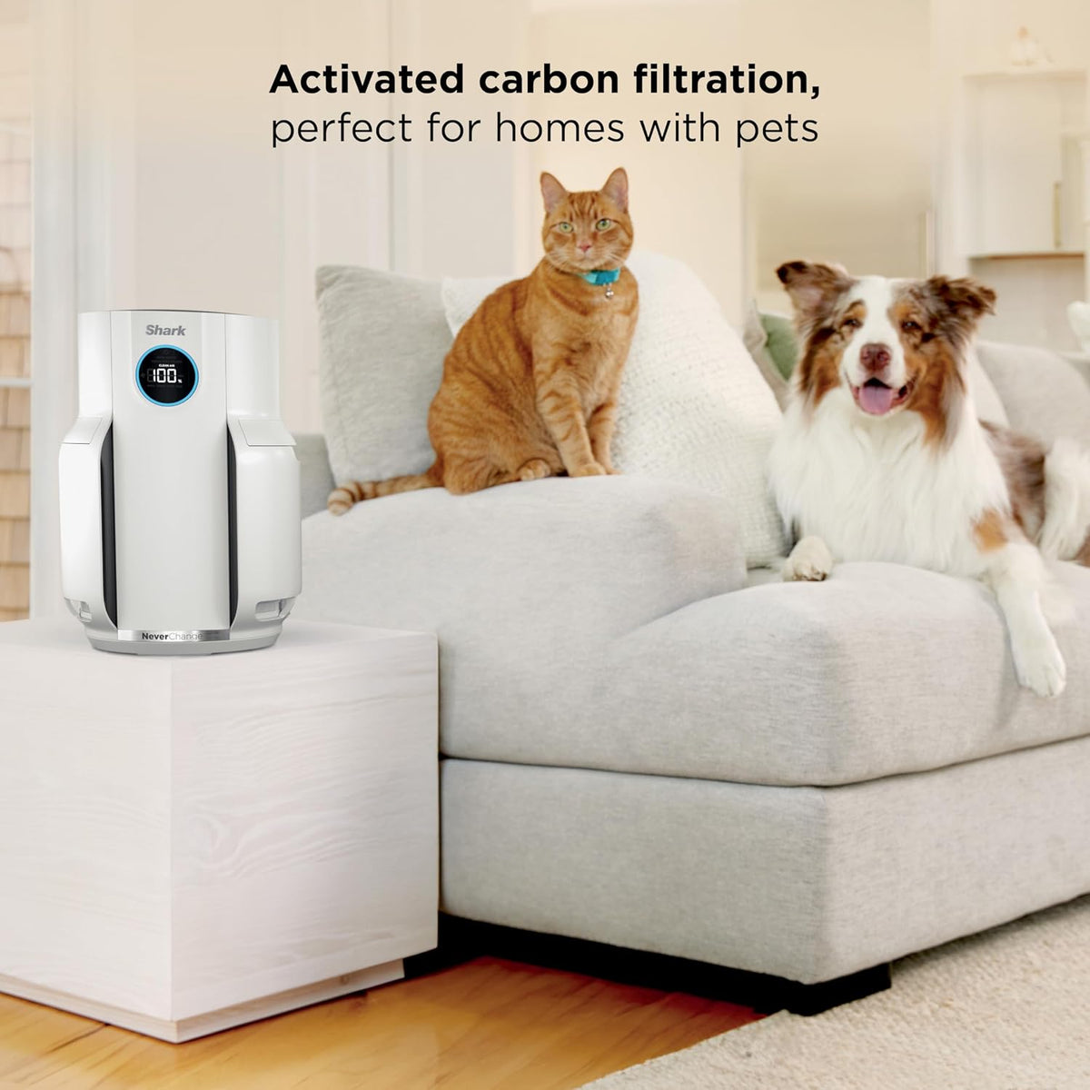shark neverchange air purifier, hp153, white shown in use