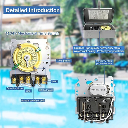T104R Mechanical Timer Switch, 208–277 VAC 40 Amp, Pool Pump Switch, 24 Hour 12 - Image 3