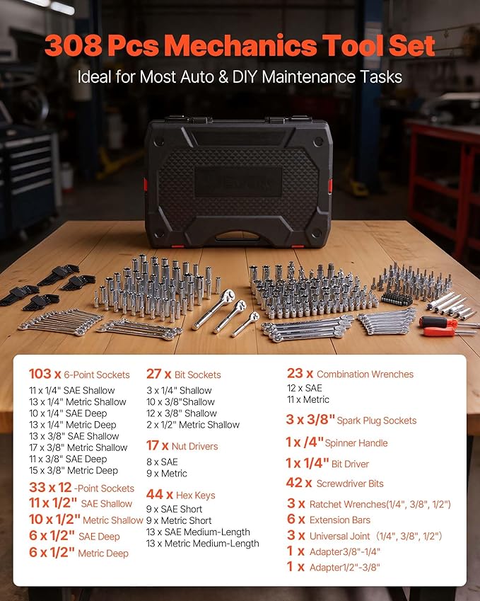 VEVOR Mechanics Tool Set, 308-Piece Mechanic Tool Kit, 1/4 in, 3/8 in, and 1/2 - Image 3