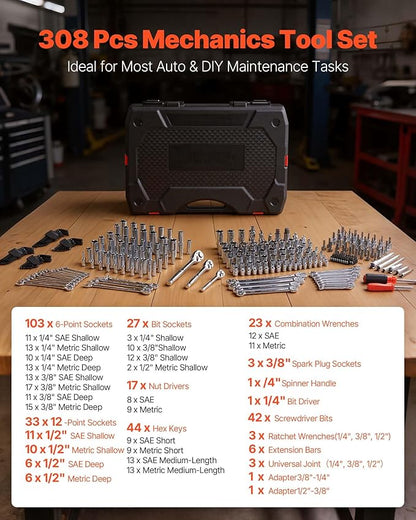 VEVOR Mechanics Tool Set, 308-Piece Mechanic Tool Kit, 1/4 in, 3/8 in, and 1/2 - Image 3