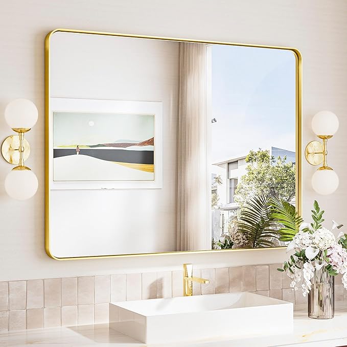 TokeShimi Brushed Gold Bathroom Mirror, 40x30 Large Bathroom Mirror Rectangle by RefinedBathroomAccessories