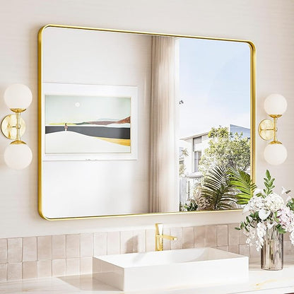 TokeShimi Brushed Gold Bathroom Mirror, 40x30 Large Bathroom Mirror Rectangle by RefinedBathroomAccessories