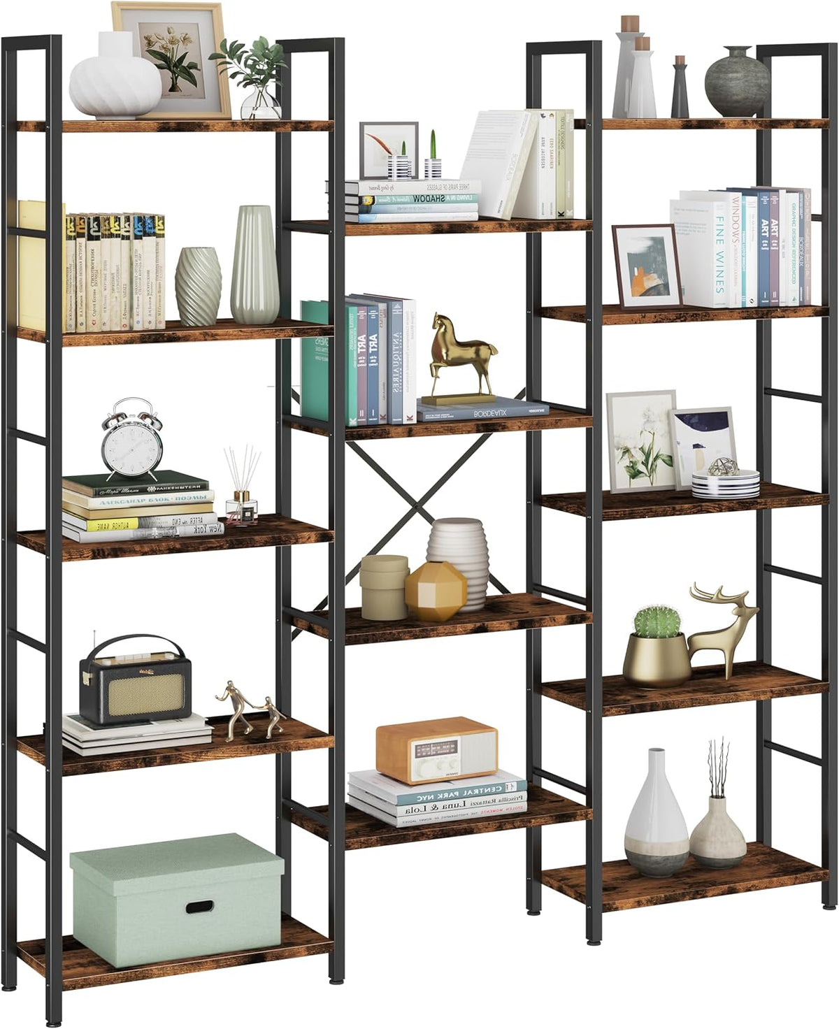 Shintenchi Triple 5 Tier Bookshelf, Large Wide Bookcase, Display Shelf