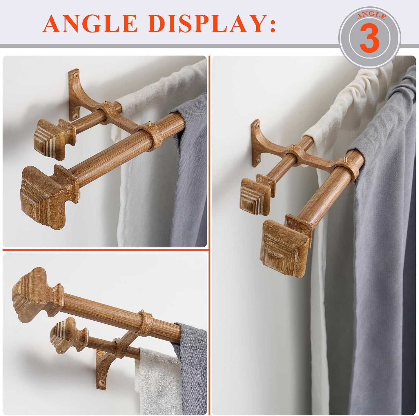 Double Curtain Rods for Windows 36 to 72 Inches, Heavy Duty Double Curtain Rod with Square Retro Finials and Double Aluminum Bracket, Adjustable Double Rod for Curtains,Light Wood Grain