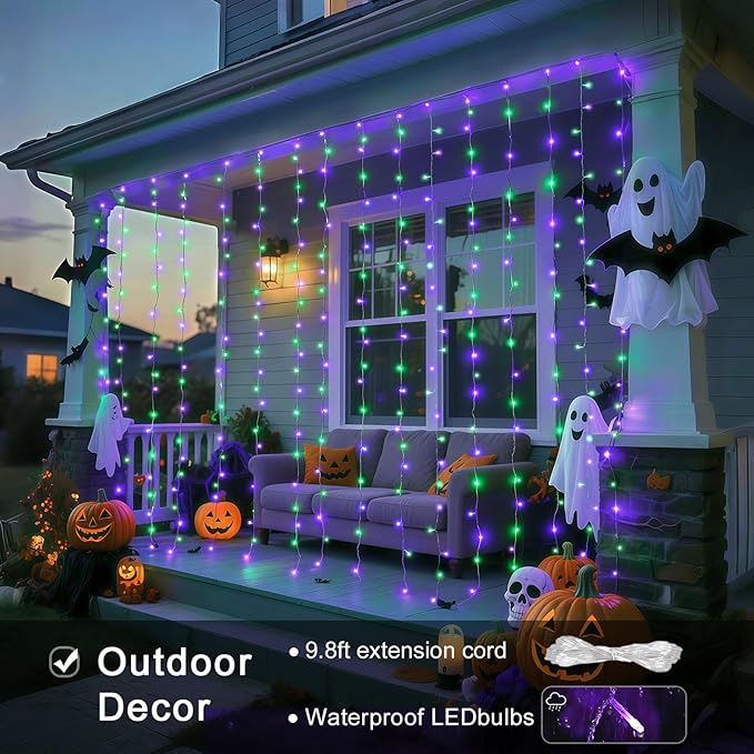 JMEXSUSS 300LED Halloween Curtain Lights with Remote, 9.8x9.8ft Halloween Lig...