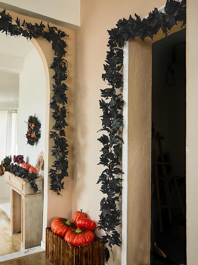 PARTY JOY Black Artificial Maple Leaf Garland - 6PCS 5.6Ft Halloween Decor, G...