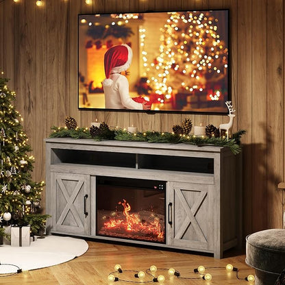 BELLEZE Barn Door Wood Electric Fireplace TV Stand - Image 6