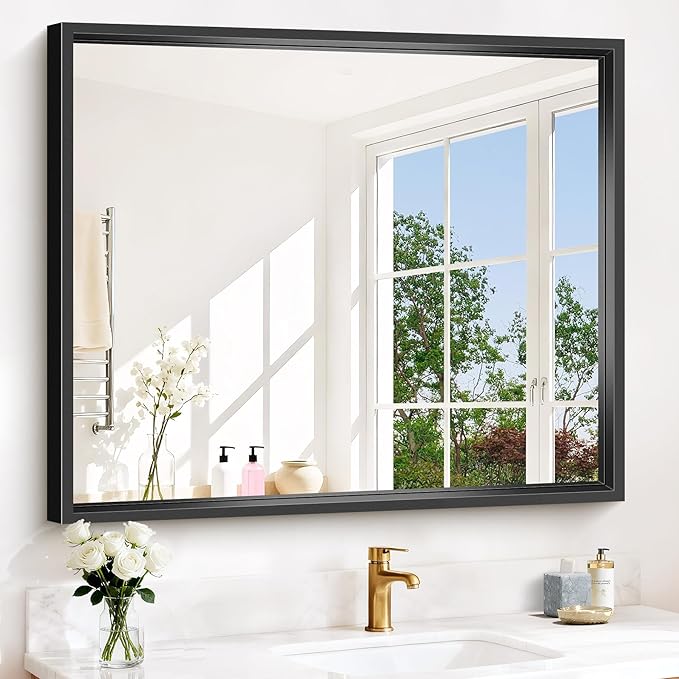 Bathroom Mirror, 42 x 36 Inch Brushed Black Rectangle Mirror, 0.6" Thickened by WelcometoCIVENO