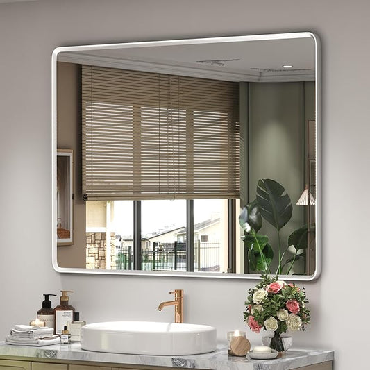 40x30 Silver Bathroom Mirror, Rounded Rectangle Mirror by GOLOMO