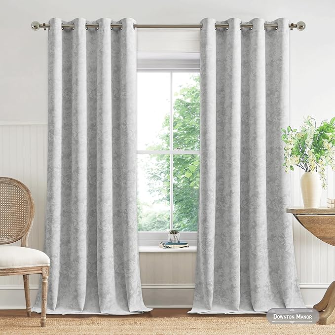 Beauoop Grey Floral Jacquard Blackout Curtains 84 Inches Long 2 Panels - Image 4