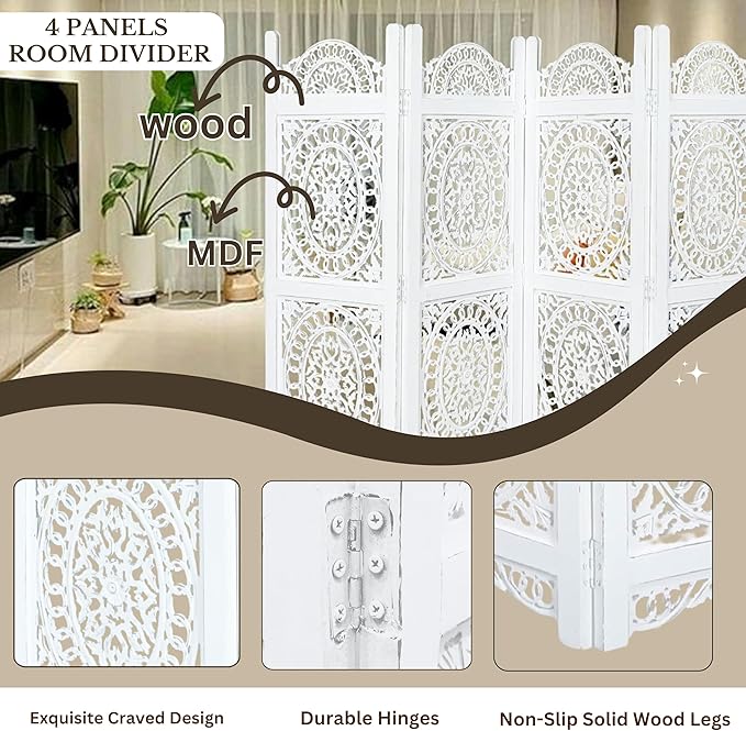 Lightnpro 4-Panel Wooden Room Divider 48 × 64 Inch Antique White Finish - Image 2