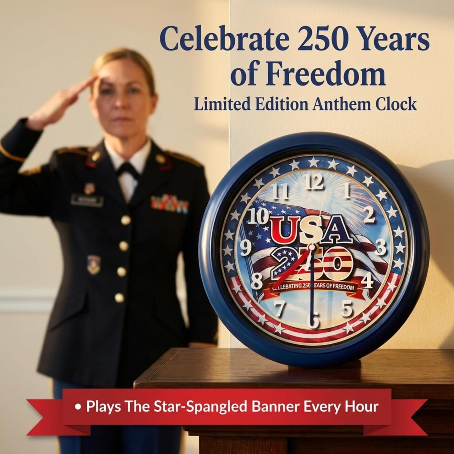 Wall Clock, America 250 Musical Anthem, Battery, Blue | 10-inch Analog Clock, Patriotic Design, Silent Hours Programmable, Plays Star-Spangled Banner | Batteries Not Included