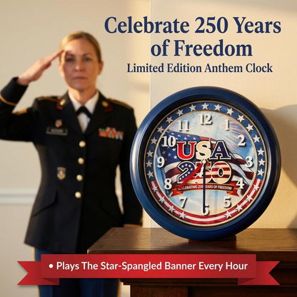 Wall Clock, America 250 Musical Anthem, Battery, Blue | 10-inch Analog Clock, Patriotic Design, Silent Hours Programmable, Plays Star-Spangled Banner | Batteries Not Included