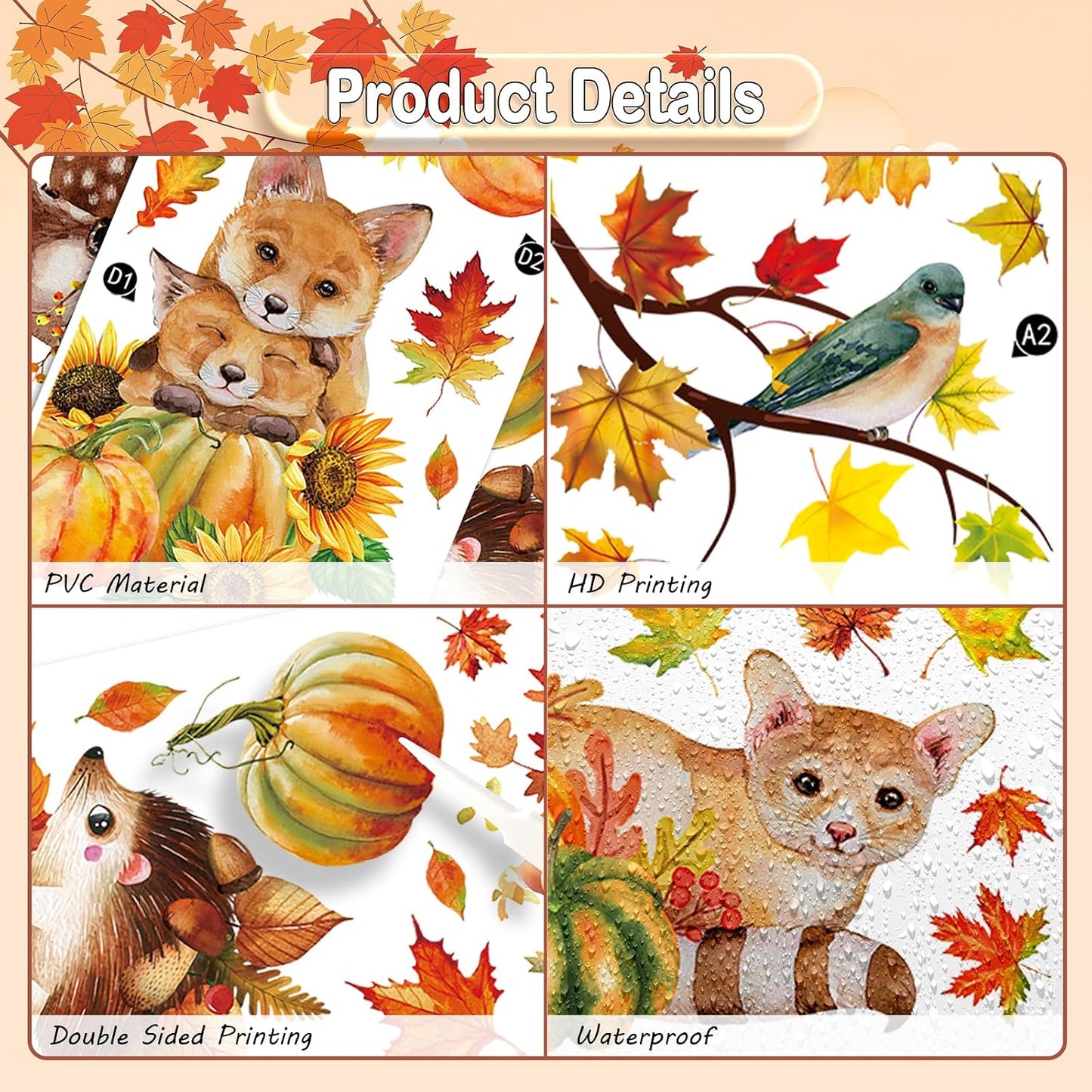 Fall Woodland Animals Window Clings, 9 Sheets 68 Pcs | Autumn Window Stickers Squirrel Fox Rabbit Decals for Fall Harvest Home Party Window Decorations
