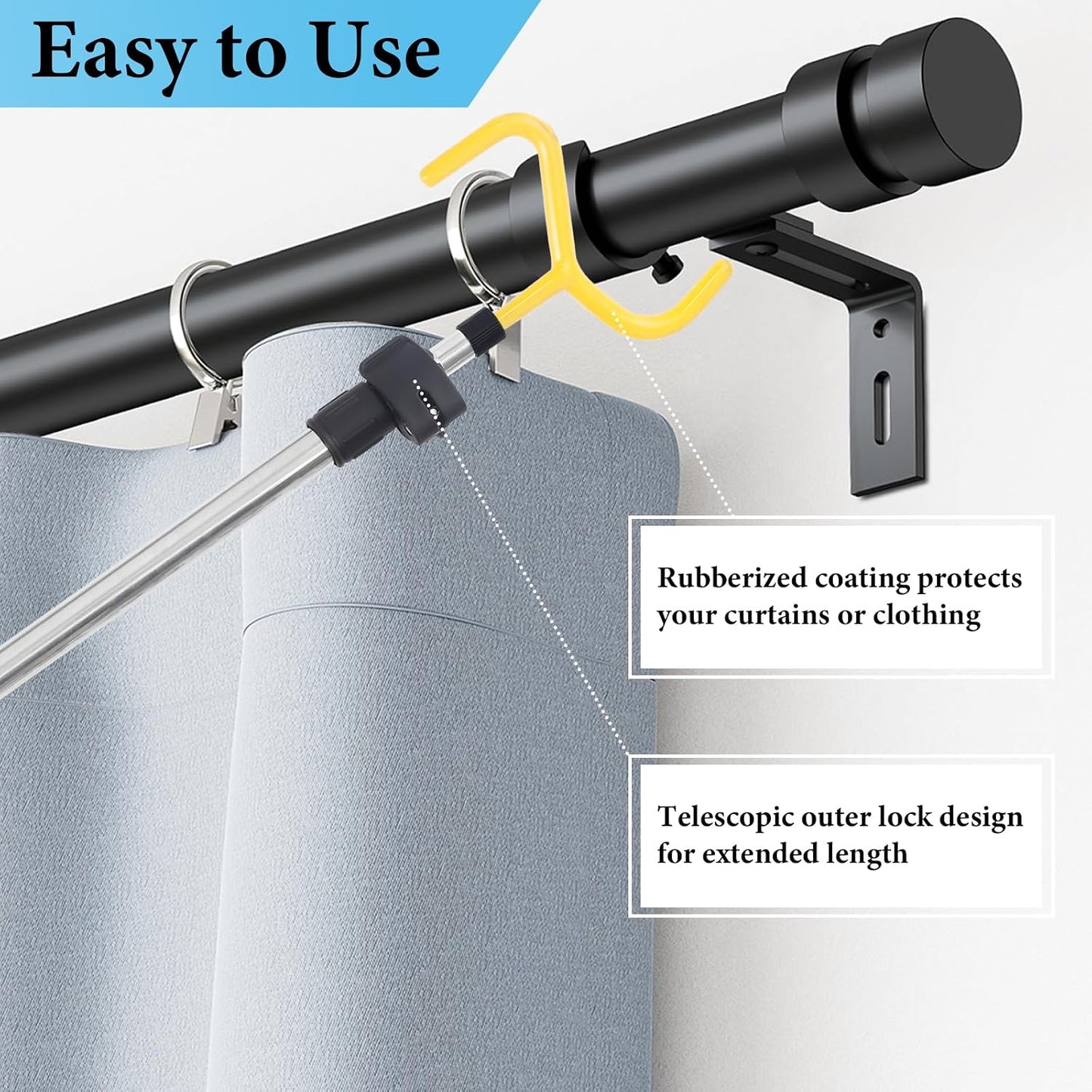 Curtain Pull Wand, Drapery Pull Rod for Curtains Adjustable 3-7.7 Feet Telescopic Extra Long Made of Stainless Steel Material Sponge Handle
