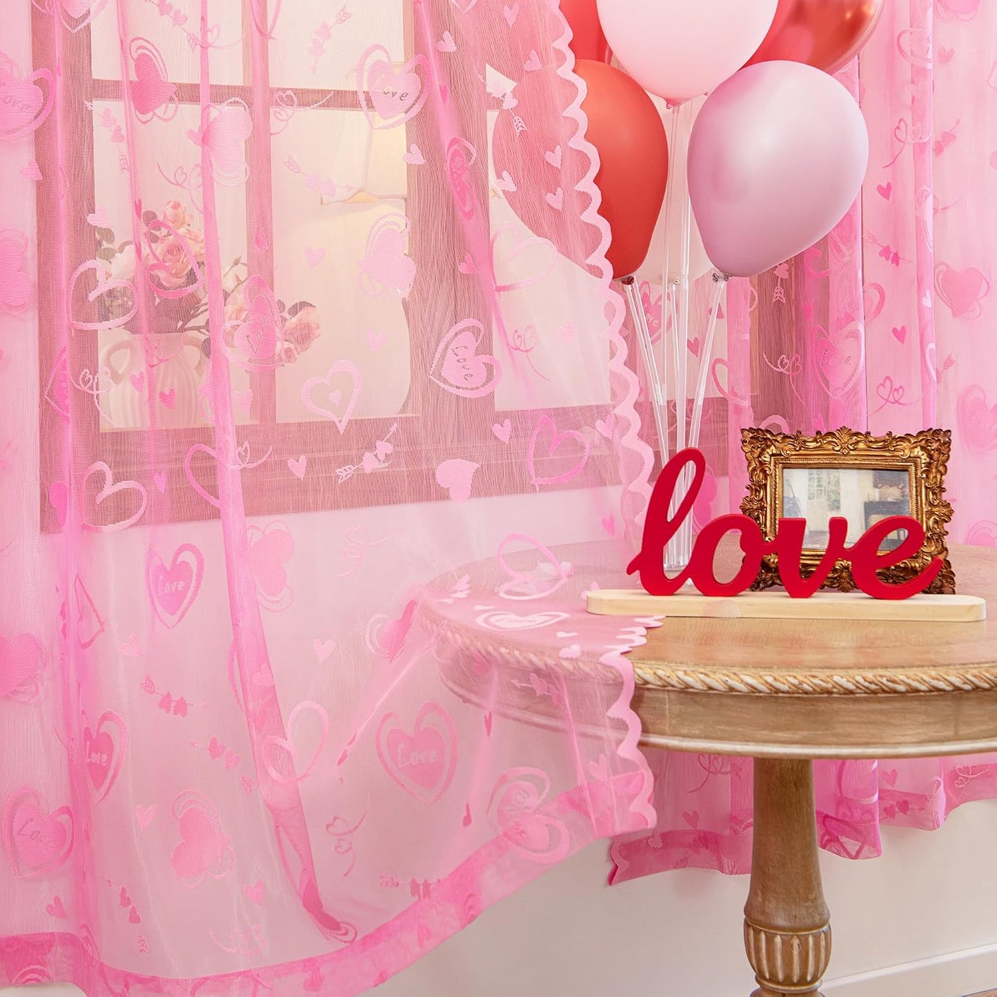 Valentine's Day Lace Curtains 63 Inch Length for Living Room Pink | Holiday Decoration Love Heart Embroidery Weave Sheer Curtains, Rod Pocket Country Rustic Drapes 54 x 63 Inch 2 Panels