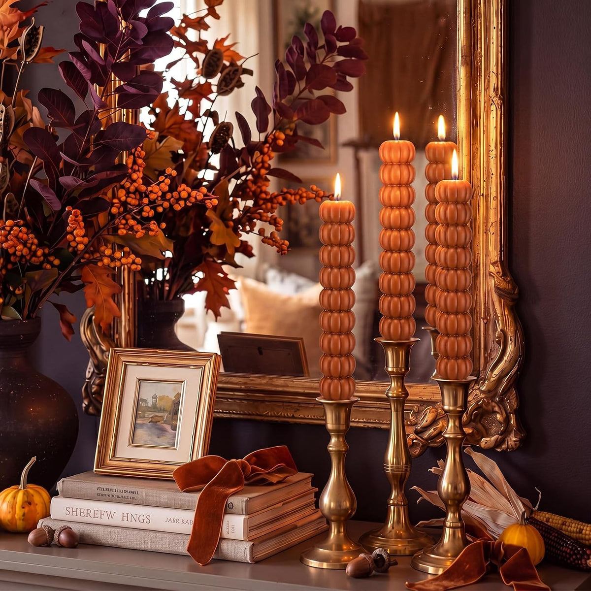 Conelist 5 Pcs Pumpkin Taper Candles Autumn Halloween Gifts, Warm Brown
