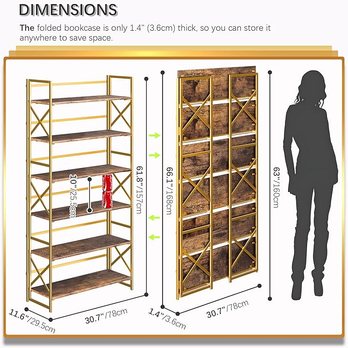 4NM Extra Wide 6 Tiers No Assembly Book Shelves, 61.8" H Folding Bookshelf - Image 2