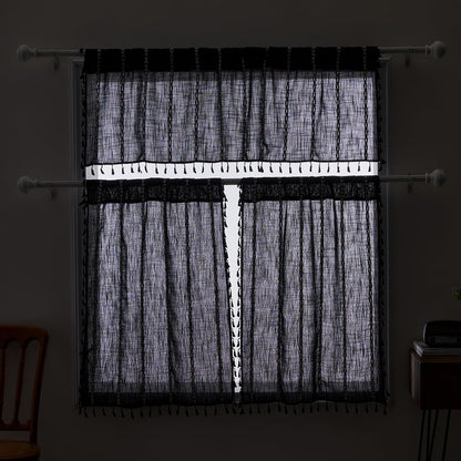 RoomTalks Black Boho Kitchen Valances for Windows, 18’’L x 52’’W Gothic Moody Striped Farmhouse Vintage Country Cottage Textured Tassel Curtain Valances for Bathroom Living Room