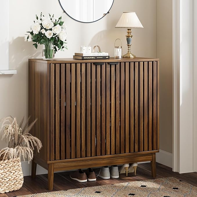Shoe Storage Cabinet with Ventilated Slatted Doors, Wooden Shoe Organizer by KiasthomeBathroomAccessories