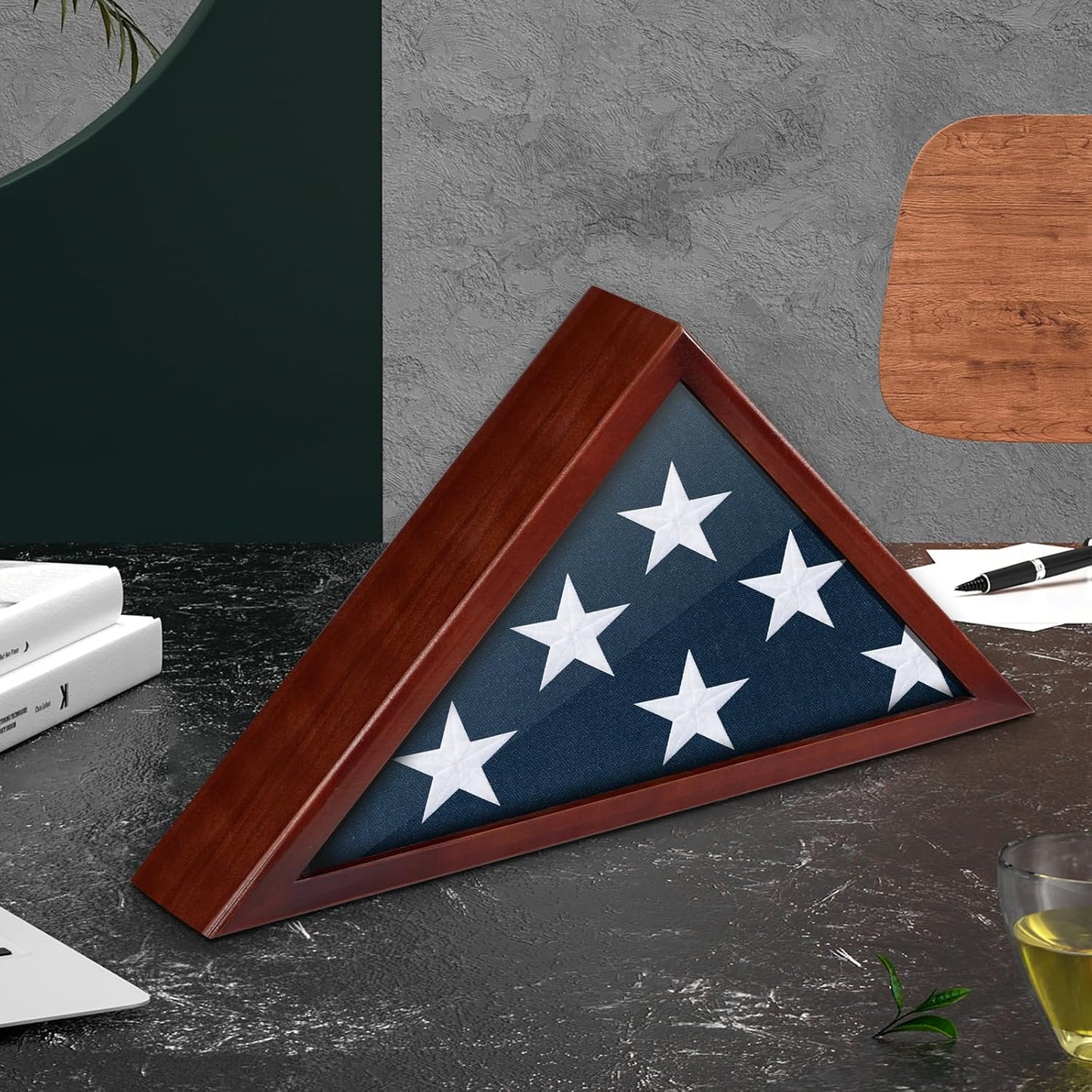 Flag Case for Burial Flag Glass Front, Red Wood for 5'x9.5' Funeral Flag | Memorial Flag Shadow Box for Military Veterans with Glass Covered and Wall Mounted