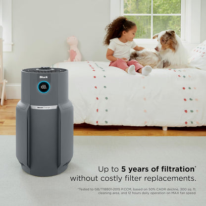 shark neverchange air purifier max, hp301, grey on a desk or shelf