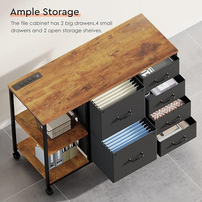 6 Drawer File Cabinet with Charging Station Rolling Printer Stand with Open - Image 7