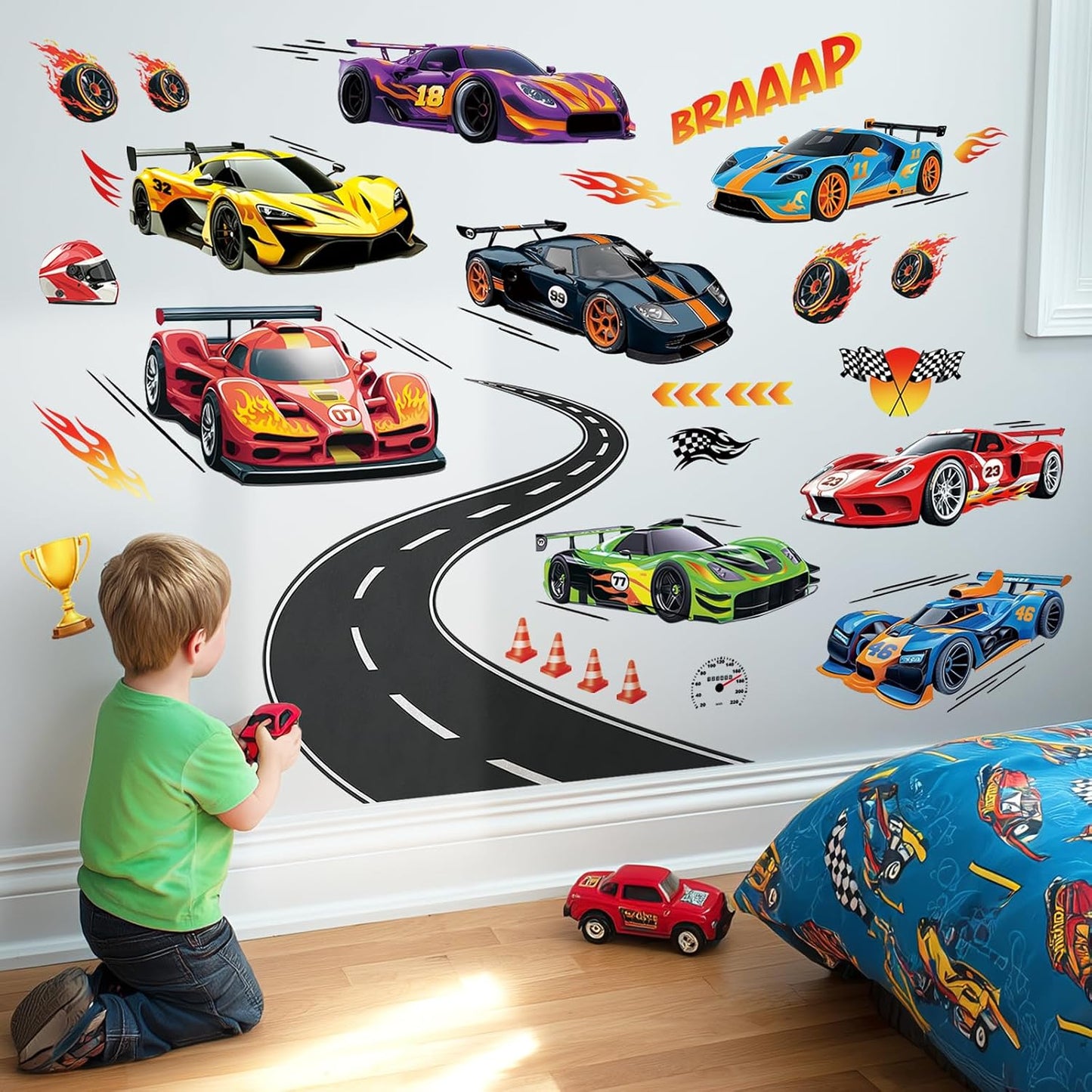 DECOWALL Race Cars & Track Wall Decals Stickers for Kids Bedroom (SG2-2517) | Peel and stick removable Grand Prix decor with sports vehicles, flags, trophy, flames and road for playroom and nursery space