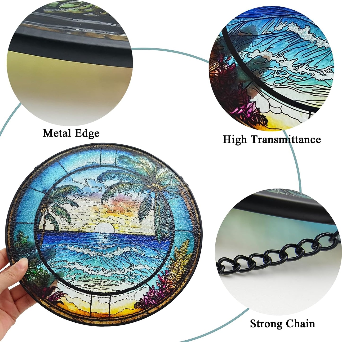 9.8 Instained Glass Window Hanging - Blue Sea Sun Catcher for Door Home Decor Ocean Suncatcher Christmas Mother's Day Birthday Sea Lover Gifts for Women Men Mom Nana
