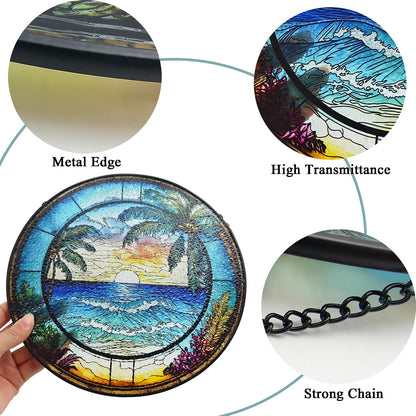 9.8 Instained Glass Window Hanging - Blue Sea Sun Catcher for Door Home Decor Ocean Suncatcher Christmas Mother's Day Birthday Sea Lover Gifts for Women Men Mom Nana