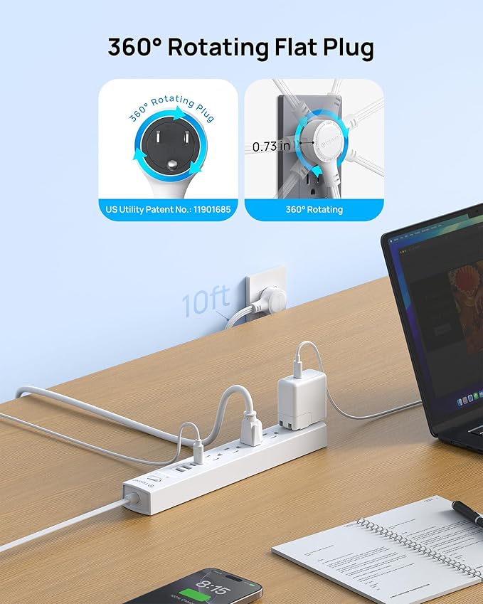 TROND 360° Rotating Plug Surge Protector Power Strip, 2 USB C and 2 USB A - Image 2
