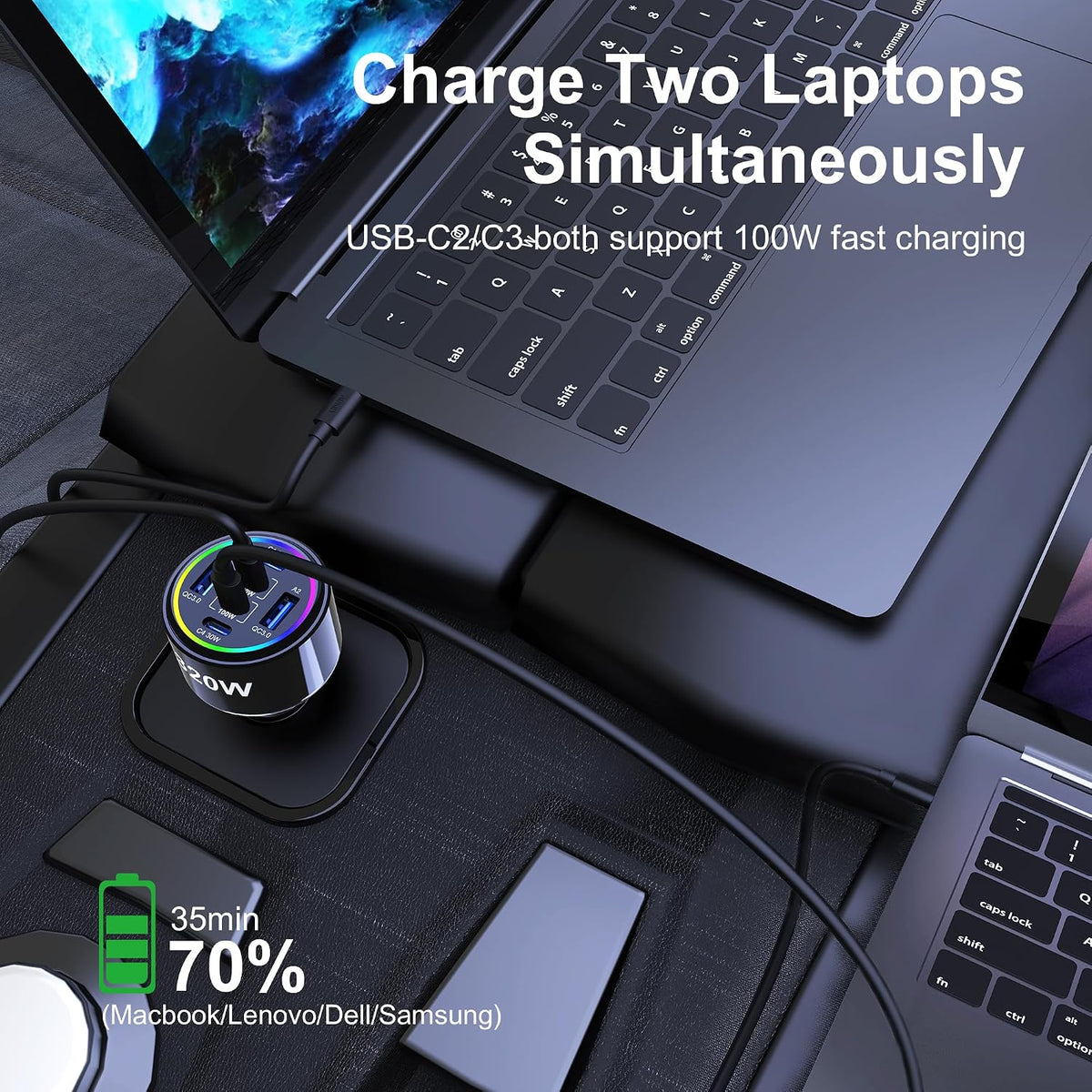 320w usb c car charger, 6 ports type showing dimensions