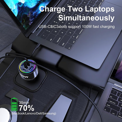 320w usb c car charger, 6 ports type showing dimensions