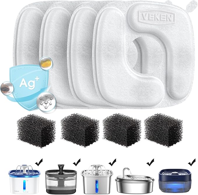 Veken Cat Water Fountain Filters, 4 Pack Replacement Filters & 4 Pack by Veken