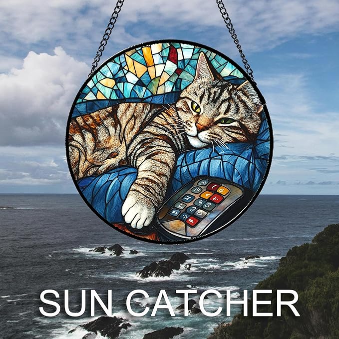 DASTOLL Stained Glass Window Hanging Gray Cat and Remote Control 7.8" - Image 4