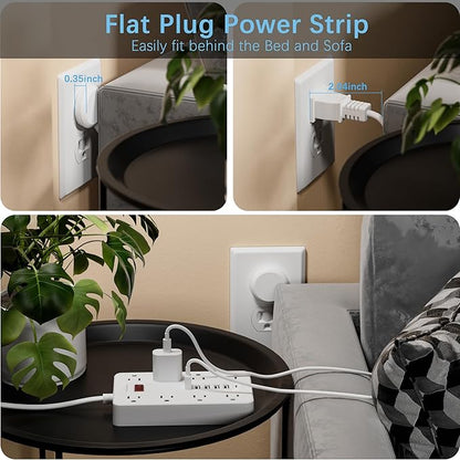 10 Ft Long Extension Cord, Power Strip Surge Protector HUNIAN Flat Plug - Image 3
