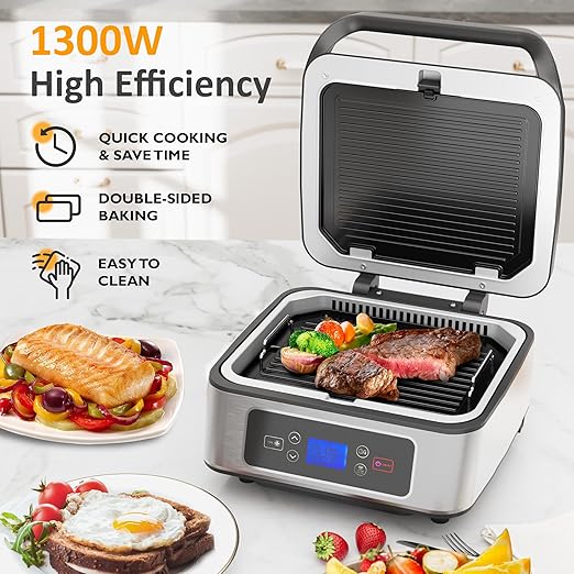 Electric Panini Press Sandwich Maker, 1300W Smokeless Indoor Grill - Image 4