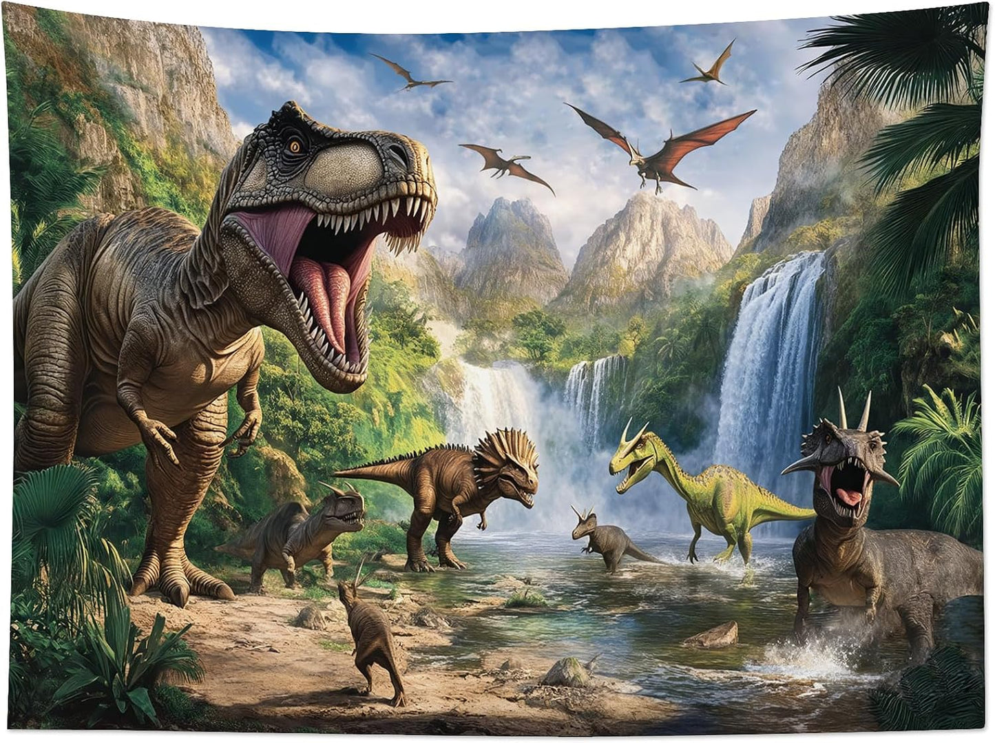 HVEST Dinosaur Tapestry Wall Hanging Wild Animal Dinosaur in Green Forest Wall Art Mountain Waterfall Nature Landscape Tapestry for Bedroom Living Room Teen Dorm Party Wall Decor, 40L X 60W inches