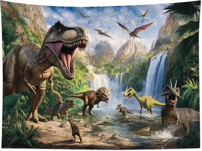 HVEST Dinosaur Tapestry Wall Hanging Wild Animal Dinosaur in Green Forest Wall Art Mountain Waterfall Nature Landscape Tapestry for Bedroom Living Room Teen Dorm Party Wall Decor, 40L X 60W inches