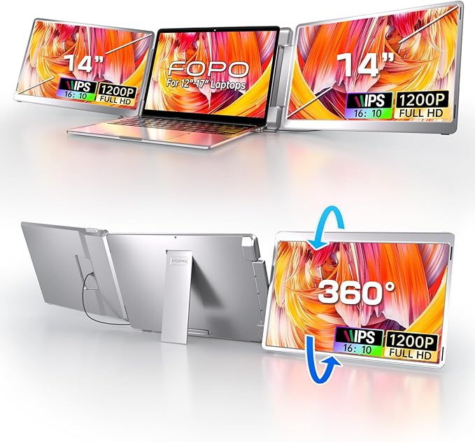 FOPO 14" Triple Monitor Laptop Screen Extender-FHD 1200P 16:10 Laptop Screen by FOPO