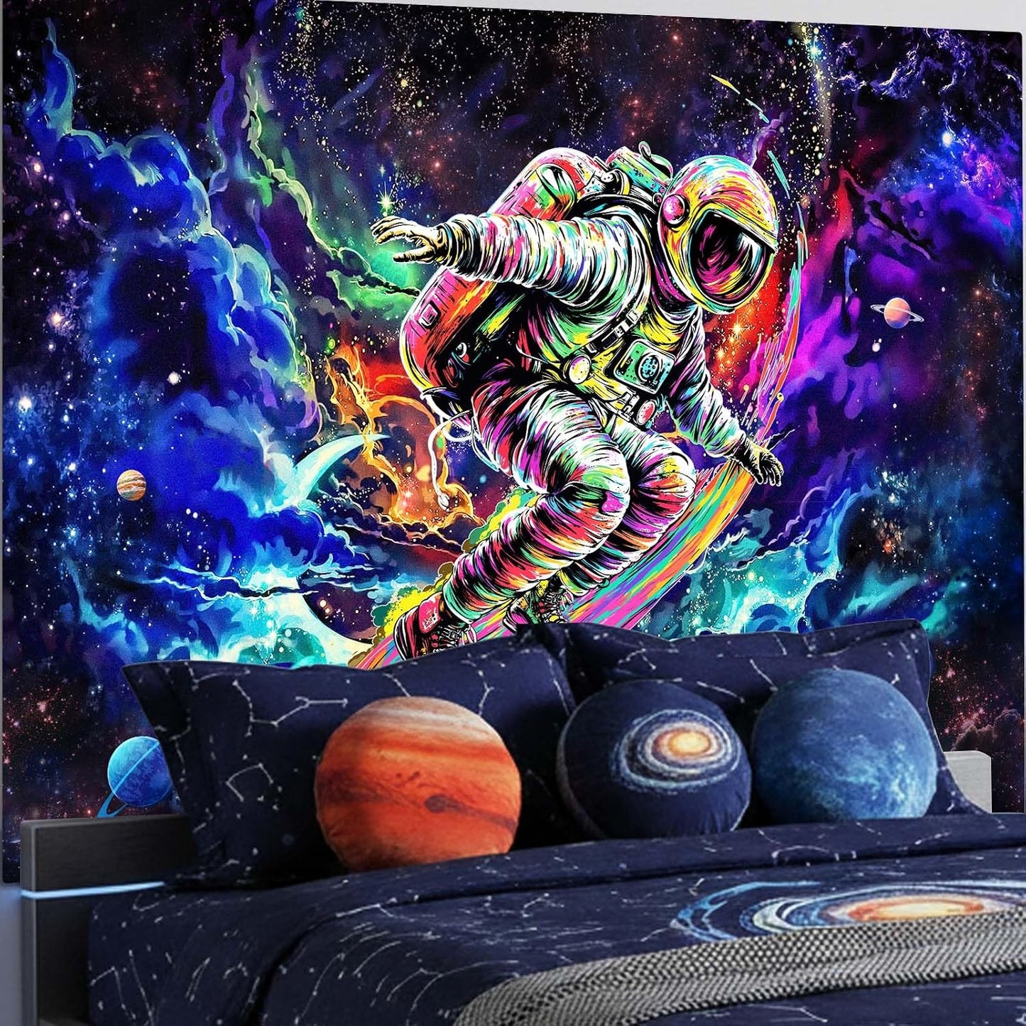kampdream Astronaut Space Surfer Tapestry, Cosmic Galaxy Planet Art Wall Hanging, Cool Decor Poster for Men's Bedroom/Dorm, 48x36 Inch
