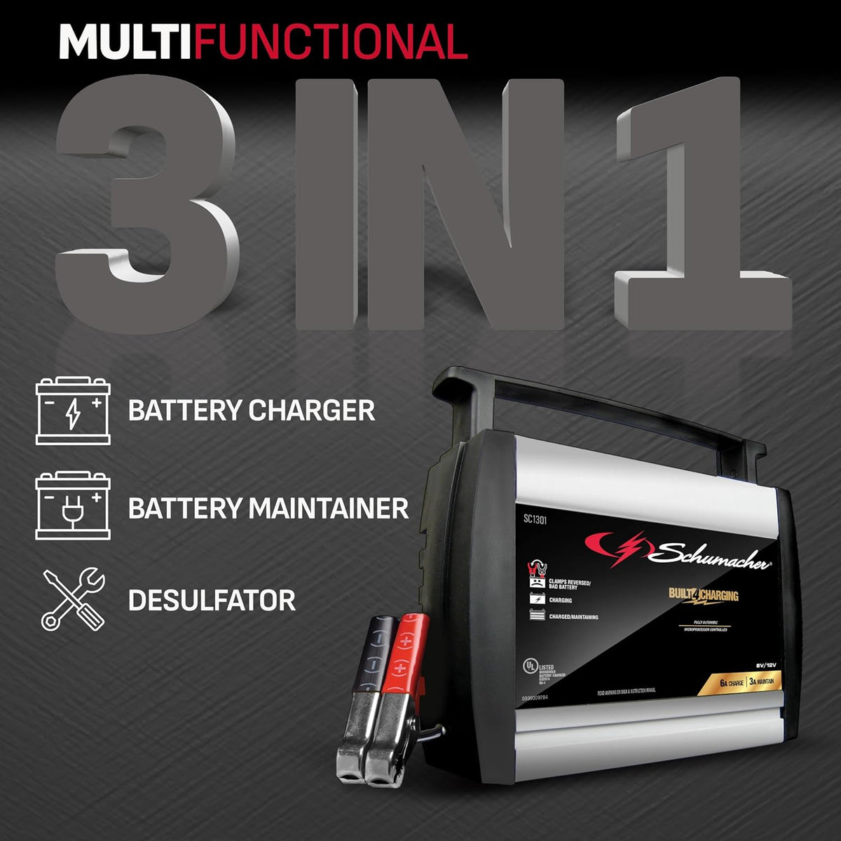 schumacher electric battery charger and maintainer, sc1301, 3-in-1 shown in use