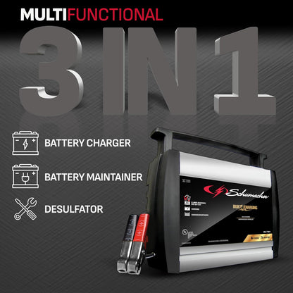 schumacher electric battery charger and maintainer, sc1301, 3-in-1 shown in use