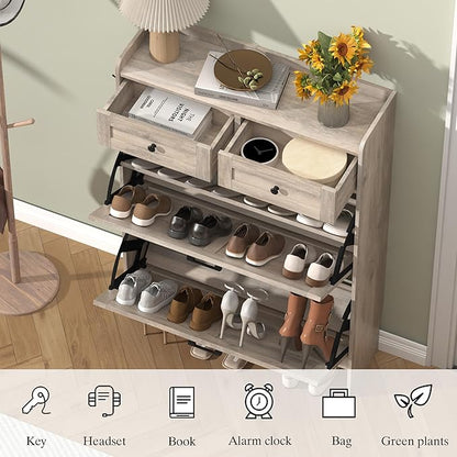 Shoe Cabinet with 2 Flip Drawers & 2 Storage Drawers, Rustic Farmhouse Narrow - Image 5