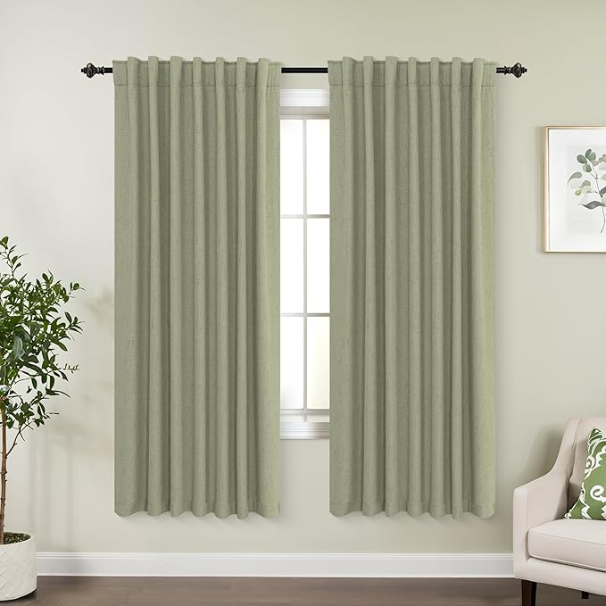 KOUFALL 52x72 Inches Long Sage Green Back Tab Linen Blackout Curtains by KOUFALL