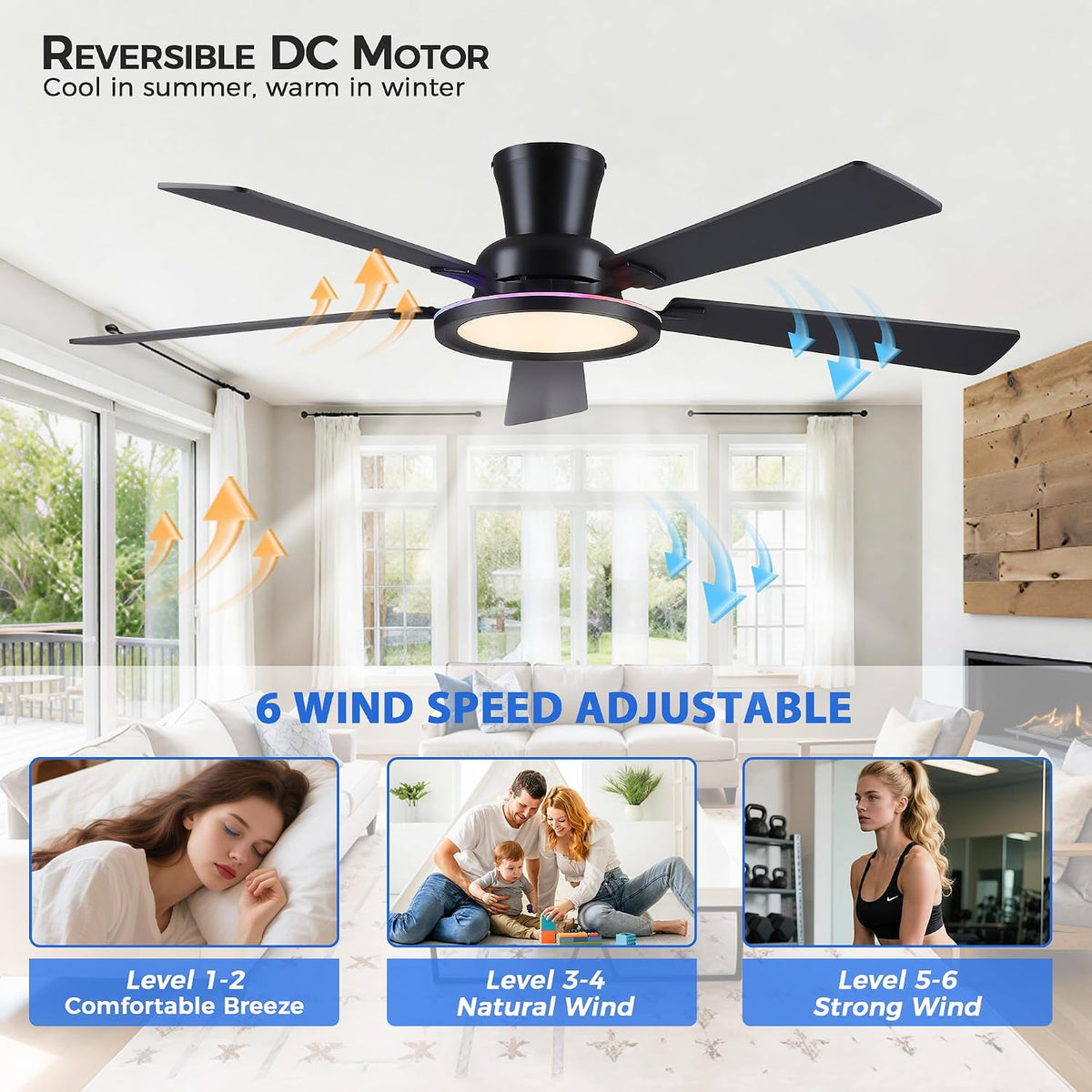 Ayaoty Ceiling Fans with Lights - 52in Flush Mount Ceiling Fan with RGB Dimma...