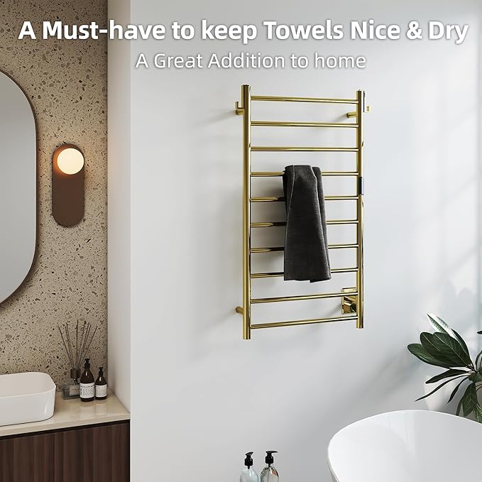 P&Bhusri Polished Gold Heated Towel Rack, 21.65" L x 39.4" H 10-bar Fast Dry - Image 2