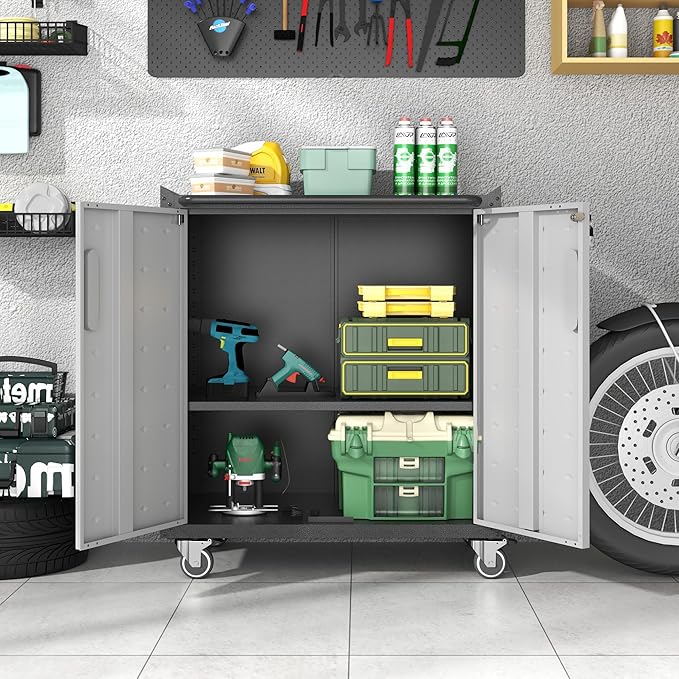 Metal Storage Cabinet with Wheels, Rolling Tool Cabinet with Doors and Shelves - Image 2